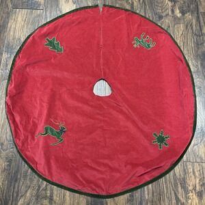 Red & Green Velvet Christmas Tree Skirt Reindeer Moose Snowflake‎ 43"